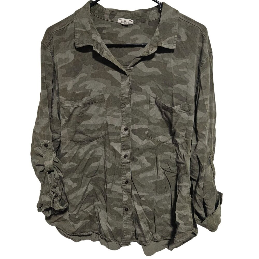 Ana Camouflage Button Up Shirt Womens Size XXL Green Camo Roll Tab Sleeve Top